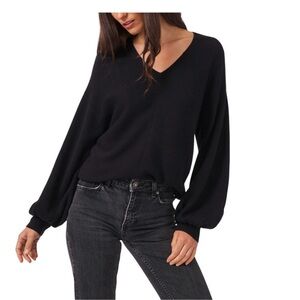 1.STATE Women's Ribbed V-Neck Puff Sleeve Sweater Black